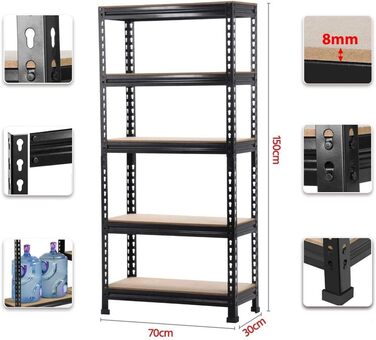 Полиця для зберігання Yaheetech 150 x 70 x 30 см, міцна, безболтова, 5 МДФ стелажів, стелаж для підвалу, стелаж для майстерні, вантажопідйомність 150 кг на полицю, чорний колір, 70x30x150 см