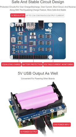 ДБЖ Waveshare HAT Сумісний з джерелом безперебійного живлення Raspberry Pi 5 В Схеми захисту кількох акумуляторів Одночасний заряд і вихідна потужність ДБЖ HAT (EN)