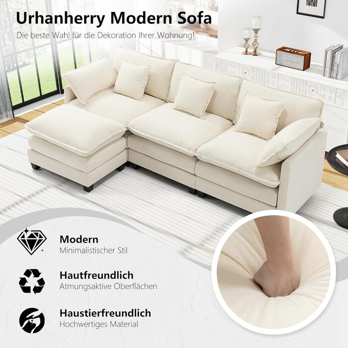 Подібний диван &quotХмара&quot, Модульний 4-місний секційний диван з оттоманкою, Сучасний диван з підлокітниками/декоративними подушками, Дихаюча тканина шенил, L-подібний диван для вітальні, Бежевий 240 см - L Бежевий