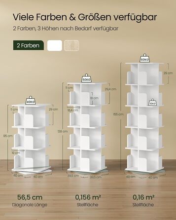 Обертова книжкова полиця EUGAD, кімнатна перегородка, полиця на місці, обертова полиця, офісна полиця, декоративна полиця, вільно обертається на 360 з 4 полицями для спальні, офісу, МДФ, білий, 39,5 x 128 x 39,5 см, 4 полиці (39,5 Ш x 128 В x 39,5 Г см), 