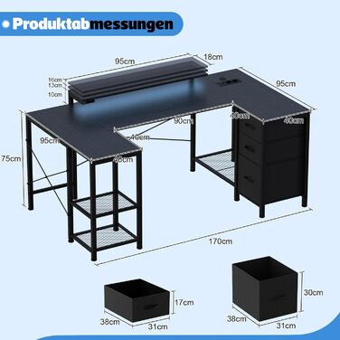 Кутовий ігровий стіл Devoko зі світлодіодним освітленням, місцем для зберігання та 3 шухлядами, 170x95x75 см, стіл з регульованою по висоті полицею, 2 розетками та 2 USB-портами, чорний