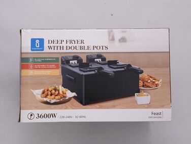 Велика подвійна фритюрниця Aigostar з 2 кошиками, 6-літрова фритюрниця з функцією холодної зони, 3600 Вт, оглядове вікно, регульований рівень нагріву до 190C, міцна та проста в догляді, чорна