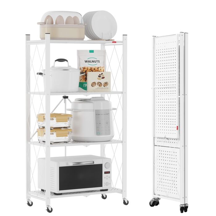 Складана полиця DEANIC, 4-рівнева книжкова полиця, кухонні полиці на колесах, металева полиця для вітальні, комора (61 x 116 x 28 см, білий) білий 4 яруси