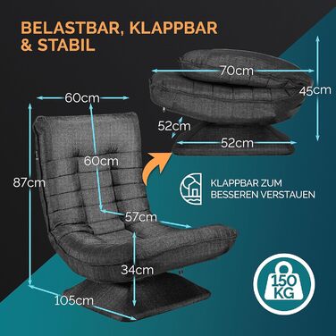 Крісло Casaria з регульованою спинкою, поворот на 360, складне, вантажопідйомність 150 кг, 60x105x87 см, м&39яке, ігрове крісло для вітальні, чорне