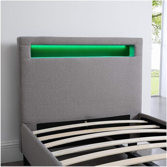 М'яке ліжко Гімалаї зі світлодіодним підсвічуванням односпальне молодіжне ліжко 90x200 см з рейковим каркасом, в сірому тканинному