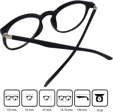 Міні-окуляри Classic Nerd Anti Blue Light Glasses, окуляри для читання з великими круглими прозорими лінзами, пластикова оправа (чорна), окуляри з синім світлофільтром для жінок і чоловіків, чорні 1,0 діоптрій