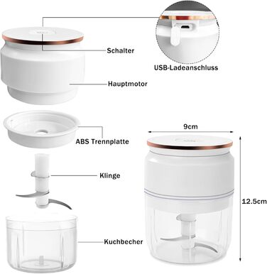 Подрібнювач цибулі, електричний подрібнювач, електричний подрібнювач цибулі, подрібнювач овочів, блендер, мульти та універсальний подрібнювач 300 мл робочий контейнер із зарядним кабелем (білий)