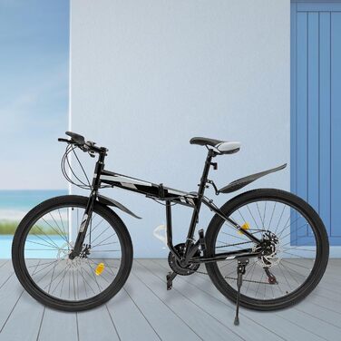 Дюймовий гірський велосипед, 21 швидкість, складаний, регульований по висоті, амортизаційна вилка та дискові гальма, унісекс велосипед для чоловіків та жінок, чорний, сріблястий, 26-