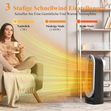 Енергозберігаючий вентилятор-обігрівач Minthouz, 2000 Вт, тихий, 3 режими нагріву для дому з еко-режимом, коливання 70, 12-годинний таймер, захист від перекидання для дому, офісу, вітальні, приміщень