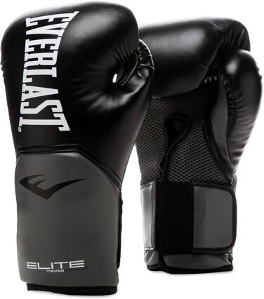 Боксерські рукавички Everlast Elite 2, для боксерського мішка, щитків та спарингу, застібка на липучці, ергономічна рукоятка, розділений піноматеріал оригінальні Everlast ЧОРНИЙ/СІРИЙ 14 унцій