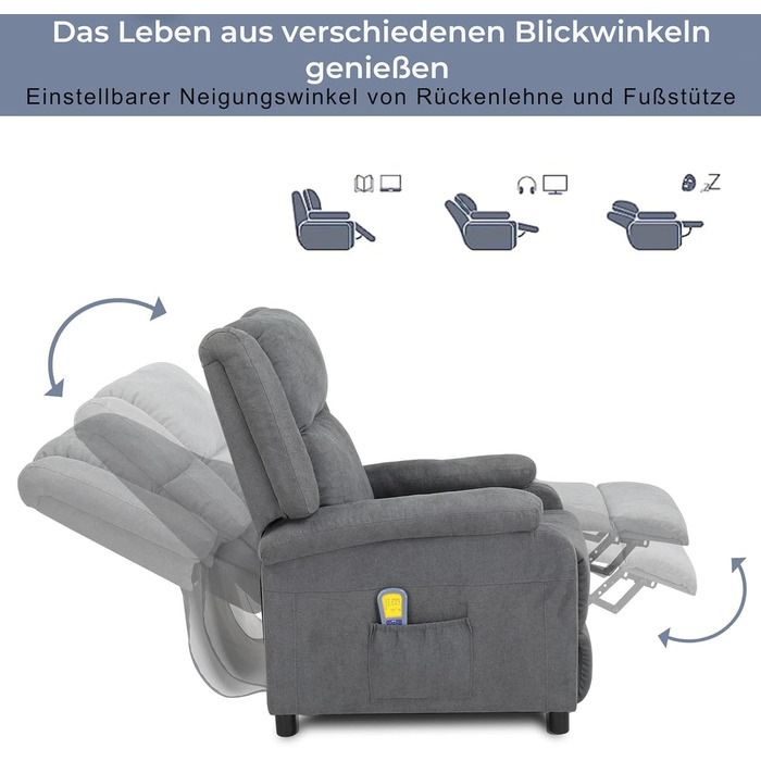 Крісло під телевізор LEADZM, відкидне крісло, шезлонг, електричний масаж та підігрів, ручне регулювання кута нахилу спинки, відкидне крісло до 120 кг, одномісний диван
