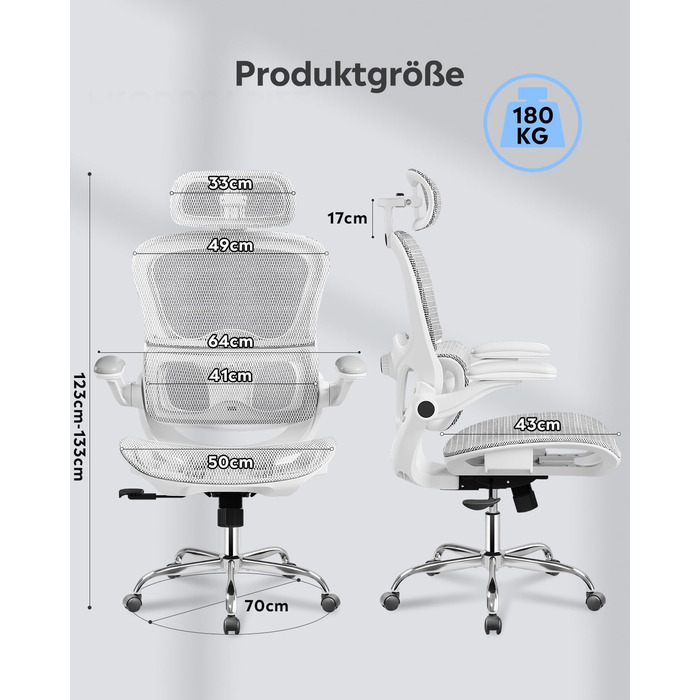 Ергономічне офісне крісло DEVAISE Робоче крісло із сегментованою спинкою, регульованим підголівником та поперековою опорою, 4D-підлокітниками, функцією гойдання, високою спинкою, для офісного використання, до 180 кг, сірий колір