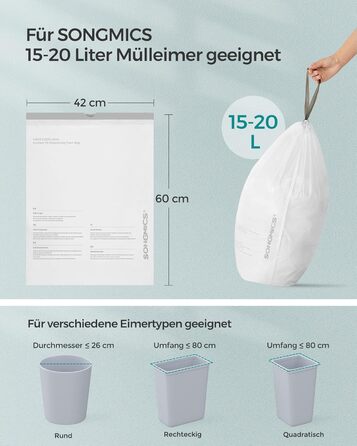Міцні пакети для сміття SONGMICS зі шнурком, для 20-літрових баків, попередньо відсортовані, код 020A01, 3 рулони, всього 120 пакетів, білі KRB020A03 Упаковка пакетів 40 шт. (3 упаковки)