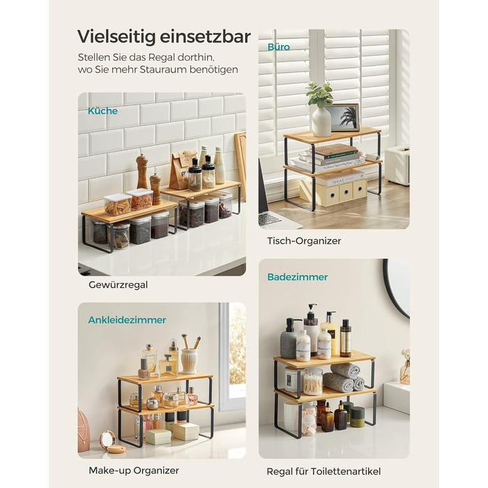 Стійка для спецій, Набір з 2 кухонних органайзерів, Кухонна полиця, Організатор для шафи, Розширювана, Мала полиця, Штабелюється, Металевий та Дерев&39яний Композит, Чорнило Чорний-Натуральний Бежевий KCS200B01 39,7 см Чорнило Чорний Натуральний Бежевий