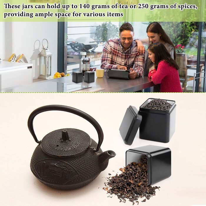 Класичних квадратних чайних банок, 7 x 7 x 8,5 см, металеві чайні баночки для розсипного чаю, включаючи 20 етикеток Чорні банки для зберігання, також ідеально підходять як банки для борошна або спецій (10), 10
