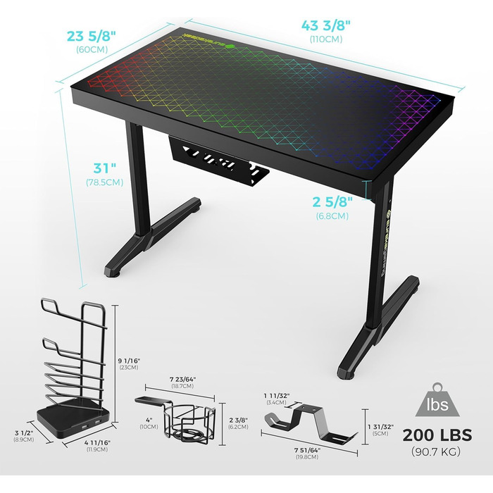 Ергономічний скляний ігровий стіл EUREKA з RGB-підсвічуванням, 110 x 60 см, скляний ігровий комп&39ютерний стіл із синхронізацією музики, керуванням за допомогою додатків, гачком для навушників та тримачем для напоїв