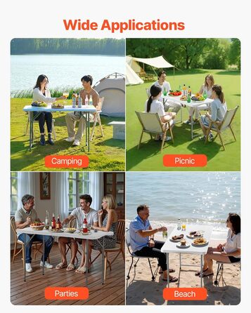 Розкладний фуршетний стіл VEVOR, портативний універсальний стіл, 122 см, прямокутний пластиковий стіл з регульованою висотою та вбудованою ручкою, садовий стіл, кемпінговий стіл для вечірок, пікніків, кемпінгу, білий, 1220 x 600 x 740 мм