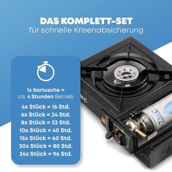 Газова плита ZMC з 1 конфоркою, включаючи адаптер для зрідженого газу та футляр для зберігання. Комплект кемпінгової плити з газовими картриджами 227 г та додатковою гриль-пластиною, для використання на вулиці та в приміщенні. Кемпінгова газова плита з п&