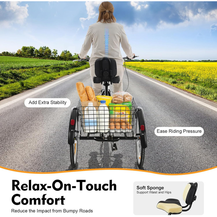 Дюймовий триколісний велосипед для дорослих, 7-швидкісний 3-колісний триколісний велосипед для покупок з кошиком, регульованим сидінням, міський велосипед, велосипед для відпочинку, триколісний велосипед для покупок для старших (чорний), 24-