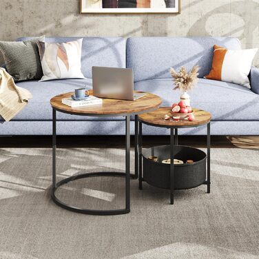 Набір журнальних столиків WLIVE з 2 шт. , круглі приставні столики з місцем для зберігання, дерев&39яний стіл для вітальні з металевим каркасом, диван-столик для вітальні та спальні, рустикальний коричневий