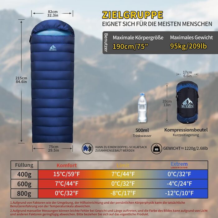 Пуховий спальний мішок на зиму, теплий та легкий зимовий спальний мішок для дорослих та дітей, легкий спальний мішок 680FP, підходить для походів, альпінізму, кемпінгу. Синій 7C