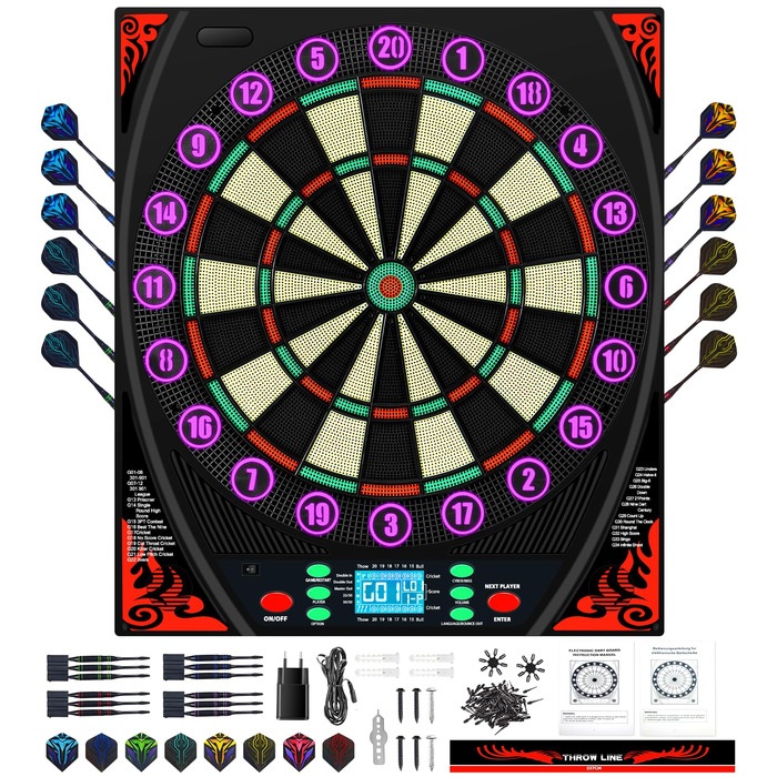 Електронна мішень для дартсу з німецьким голосом, підсвіченим кільцем з цифрами та РК-екраном, електронна мішень для дартсу з 34 іграми та 369 варіаціями, електронна мішень для дартсу для дорослих