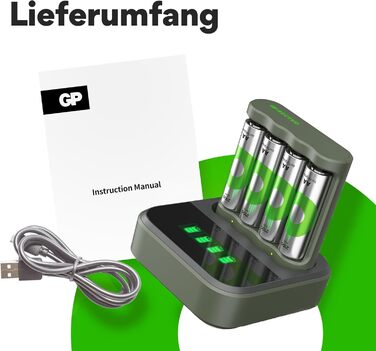 Зарядний пристрій GP ReCyko USB B441, включаючи 4 батареї ReCyko AA 2100 мАг та USB-док-станцію, зарядний пристрій для батарей AA AAA зі світлодіодними індикаторами
