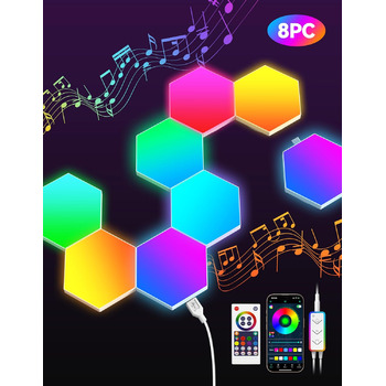 Настінний світильник з дистанційним керуванням, Music Sync, APP Control, Smart Hexagon Lamp for Room Decoration, Gaming, 8 шт., LED Hexagon Gaming Wall Light, RGB Hexagon Honeycomb