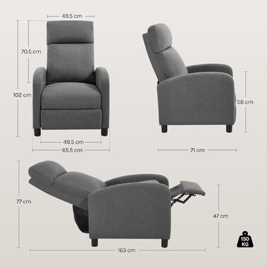 Крісло-реклайнер WOLTU з функцією відкидання/сну, з підставкою для ніг, регульоване, вітальня/спальня, м&39яке, 89 x 102 x 65,5 см, льон, темно-сірий