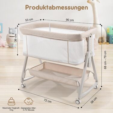 Дитяче ліжечко-тумбочка 4-в-1, покращена стійкість, 6-позиційне регулювання висоти, повністю сітчасті боки для новонароджених до 12 місяців, бежевий колір