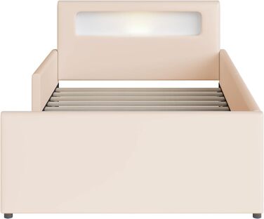 Сучасне дитяче ліжко 90x200 см з м&39якою оббивкою, ліжко з рейковою основою та місцем для зберігання речей, м&39яке узголів&39я зі світлодіодним нічником та USB-портом для зарядки, штучна шкіра, дитяче ліжко для хлопчиків та дівчаток (бежевий)