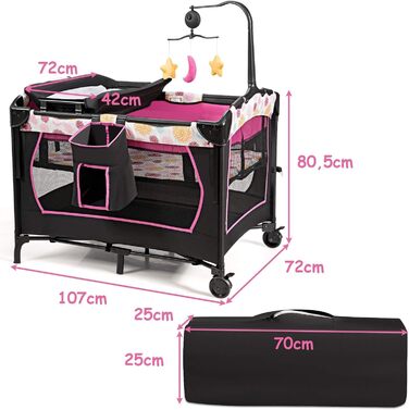 Складане дорожнє ліжечко FANTASK 4-в-1 до 15 кг, мобільна колиска, приліжкове ліжечко, пеленальний столик та манеж, дитяче ліжечко з регульованою висотою на 2 рівнях з сумкою для перенесення, матрацом та музичним мобільним пристроєм