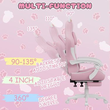 Ігрове крісло bigzzia з функцією масажу та підставкою для ніг ергономічне ігрове крісло для дівчат та дорослих, ігрове крісло з опорою для голови та попереку та котячими вушками (рожево-біле)