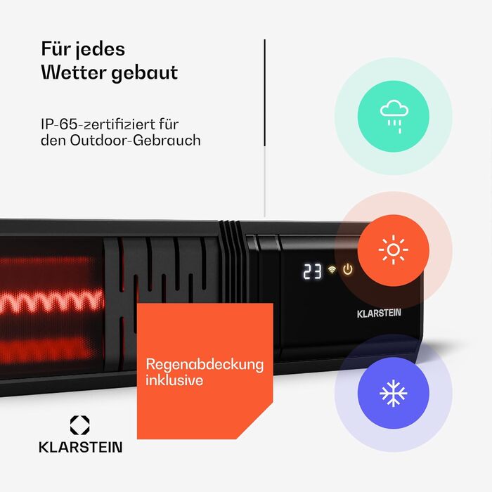 Інфрачервоний настінний обігрівач Klarstein 2000 Вт настінний, IP65, 9 налаштувань нагріву, додаток та пульт дистанційного керування, таймер, алюмінієвий, електричний обігрівач для 15 м, WiFi, тихий, електричний настінний обігрівач