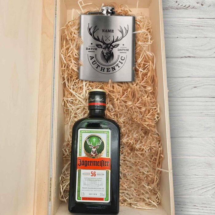 Подарунковий набір із гравіюванням для термосів - Термос з нержавіючої сталі 150 мл з гравіюванням - Включає пляшку Jgermeister 350 мл та гравіровану дерев&39яну коробку - Подарунок на День батька для тата - Колір Олень
