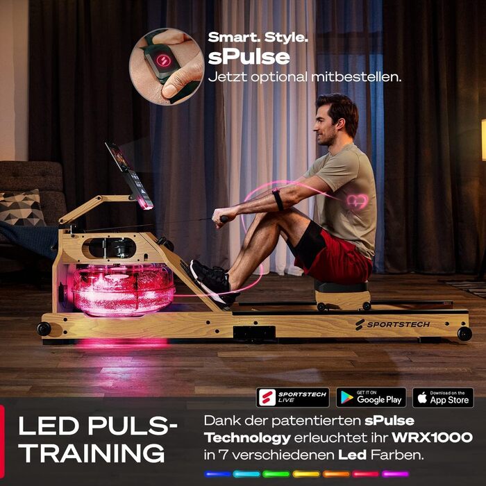 Водний гребний тренажер преміум-класу Sportstech зі світлодіодним резервуаром для води, складний Німецька компанія якості Додаток із програмами тренувань тримач для планшета Гребний тренажер з натурального масиву дерева для домашнього використання WRX1000