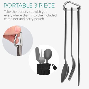Набір столових приборів для кемпінгу Navaris Titanium, 3 предмети - ніж, виделка, ложка, включаючи чохол - надлегкий набір столових приборів 3-в-1 - набір столових приборів для подорожей сірого кольору