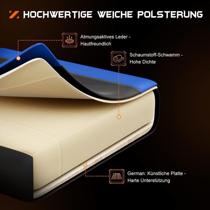 Ергономічне ігрове крісло DUMOS з підставкою для ніг, дихаюче ПК з регульованою поперековою подушкою, підголівником та підлокітниками, вантажопідйомність 150 кг, обертове крісло, чорний синій