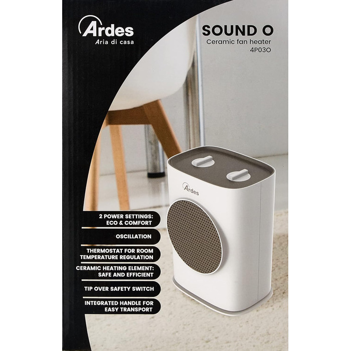 Керамічний обігрівач ARDES AR4P03O SOUND з функцією обертання, 1500 Вт, компактна та портативна модель з панеллю керування та зручною ручкою