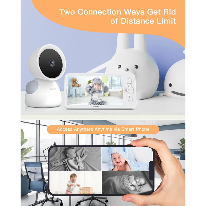 Монітор ARENTI з 4 камерами та додатком 2K/3MP, 5-дюймовий відеоняня Wi-Fi PTZ 355, автоматичне відстеження, виявлення плачу, датч