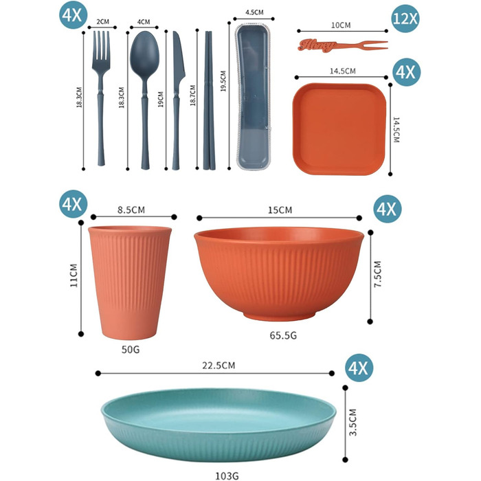 Набір небиткого посуду з 48 предметів, багаторазовий кемпінговий посуд для 4 осіб, легкий кольоровий пластиковий посуд для пікніка, сервірувальні тарілки для барбекю, миски, столові прибори, 48 предметів