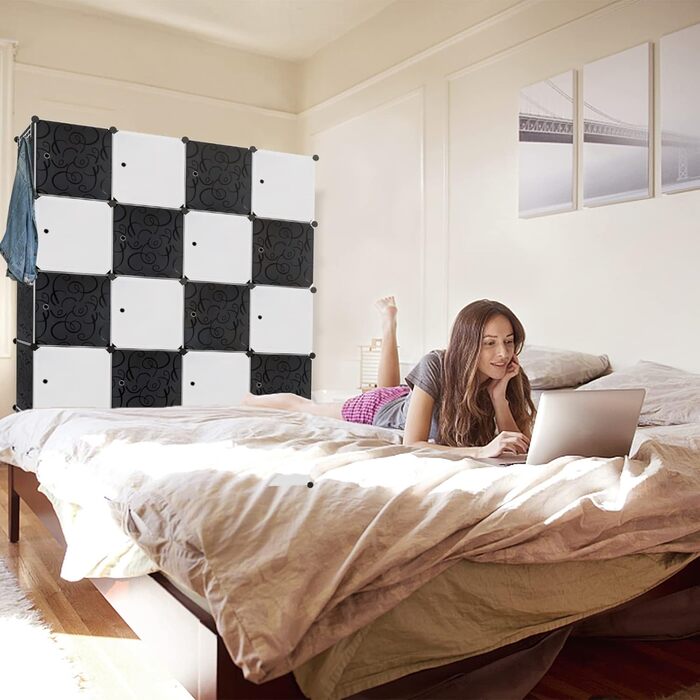 Система полиць для гардеробу HENGMEI з дверцятами, пластик ПП, для зберігання одягу та книг, самостійне складання, вставний стелаж (20 коробок з дверцятами, з 2 рейками для одягу, чорний)