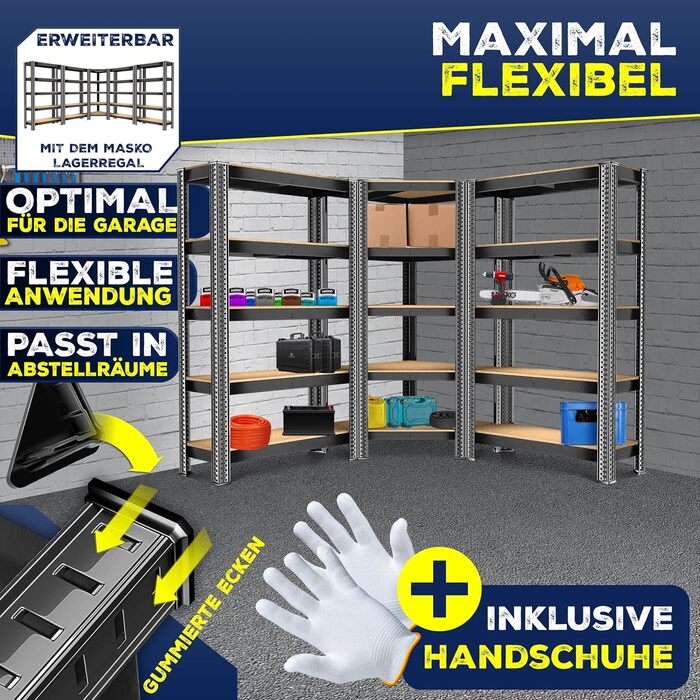 Комплект металевих стелажів MASKO з 3 предметів 1 кутова полиця та 2 стелажі, по 15 полиць кожен Полиця з МДФ панелей, вантажопідйомність 2625 кг, полиця для майстерні, полиця для підвалу, полиця для гаража, надміцні стелажі, стелаж без болтів, чорний