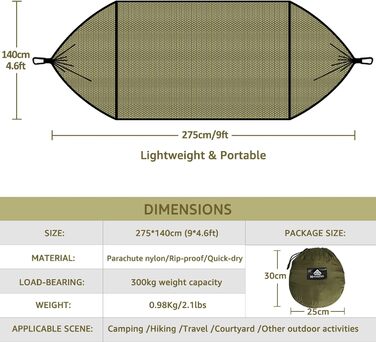 Туристичний кемпінг-гамак NatureFun  преміум-класу з москітною сіткою вантажопідйомністю 300 кг з парашутного дихаючого швидковисихаючого нейлону із 2 карабінами Green