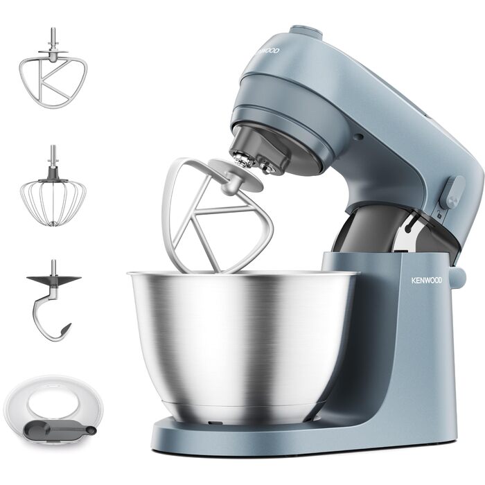 Кухонна машина Kenwood Go KZM35.000GY, компактна, чаша 4 л, K-гак, вінчик, гак для тіста, захисний екран та мірна ложка, металевий корпус з ручкою, 800 Вт, синьо-сіра