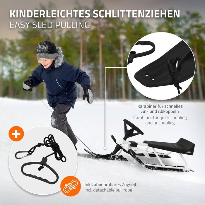 Німеччина Санки з кермом, дитячі санки від 5 років, скібоб для дітей та дорослих до 90 кг, санки з кермом, ножні гальма, тяговий т