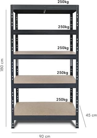 Посилений стелаж Rivet, комплект з 2 шт., з HDF-плитами, 180x90x45 см (ВxШxГ), 5 полиць, вантажопідйомність 250 кг на полицю, антрацитово-сірий. Безригельний стелаж, металевий стелаж, стелаж для підвалу, стелаж для зберігання, стелаж для майстерні, стелаж