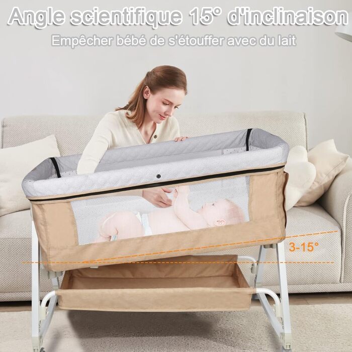 Дитяче ліжечко OHMG Side-by-Side, дитяче ліжко, дитяча колиска, дитяче ліжко 3 в 1 для новонароджених, ліжко-гойдалка для дому та подорожей з колесами, регульована висота 6 рівнів (95 * 50 * 98-110 см (бежево-білий)) 95*50*98-110 см (бежево-білий)