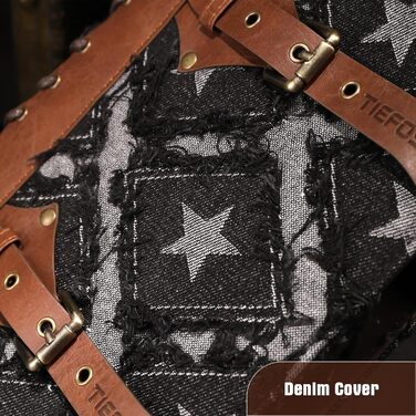 Джинсовий щоденник TIEFOSSI для жінок та чоловіків вінтажний блокнот зі штучної шкіри з механізмом на 6 кілець, лінійкою для коледжу, з можливістю поповнення та внутрішніми кишенями (17,8 x 23,5 см) чорного кольору