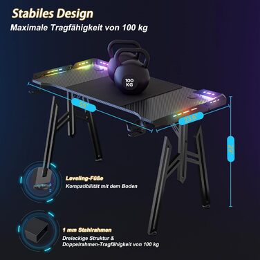 Ігровий стіл Ергономічний ігровий стіл зі світлодіодним підсвічуванням Чорний ігровий ПК стіл з вуглецевого волокна з підсклянником та гачком для навушників 140 x 60 x 73 см M ніжки 140 x 60 x 73 см M ніжки - зі світлодіодним підсвічуванням